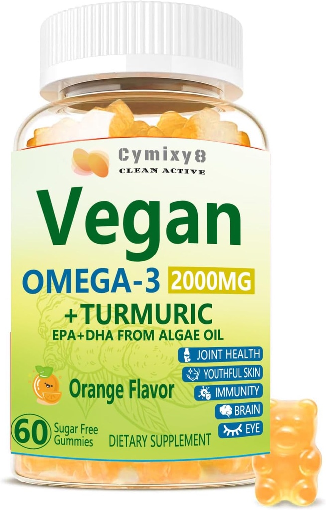 Vegansk Omega 3 & Gurkemeje 2500mg, Alger Omega 3 DHA 800mg & EPA 400mg, med MSM, D3- vitamin, Gurkemeje Root Extract for Brain, Eye, Joint, Fish Oil Supplements Alternative, Sugar Free