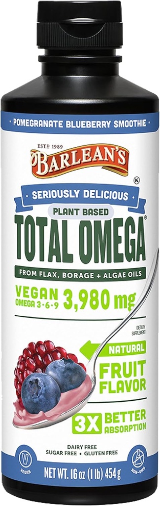 Barlean 's Liquid Flaxseed, Borage and Algae Oliils Omega 3 Supplement, Pomegranate Blueberry Flavor, Vegan EPA og DHA, Hør og Borage Seed Oil med 3,980 mg Omega-3-6-9, 16 oz