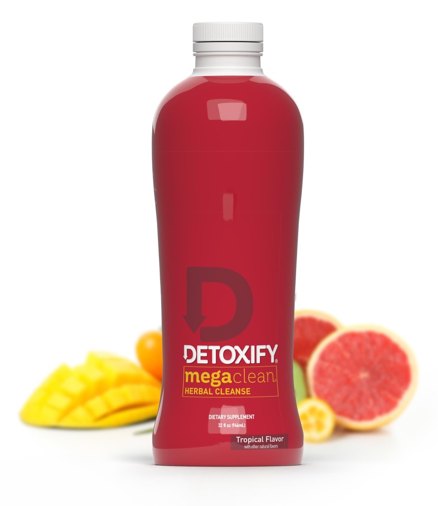 Detoxify Mega Clean Herbal Cleanse - Tropisk - 32 oz - Professionelt Formuleret Herbal Detox Drink - Forbedret med mælk tidsel, Ginseng Root & Guarana Seed - Plus Sticker