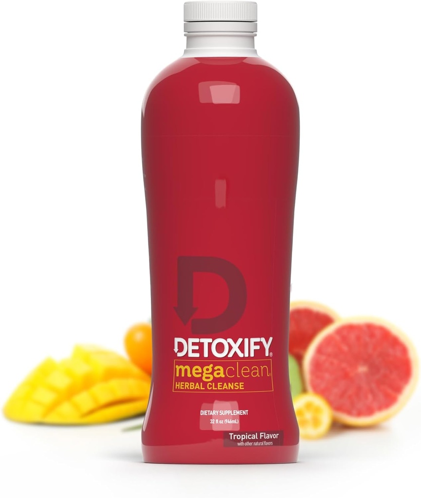 Detoxify Mega Clean Herbal Cleanse - Tropisk - 32 oz - Professionelt Formuleret Herbal Detox Drink - Forbedret med mælk tidsel, Ginseng Root & Guarana Seed - Plus Sticker