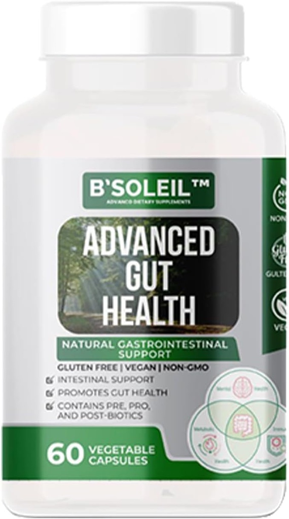 B 'Soleil ™ Advanced Gut Health Probiotic - Pre, Pro & Post Biotics - Natural Gastrointestinal Support - 60 Vegetabilske kapsler - Gluten Free, Vegan & Non- GMO Genuine Health Probiotika - 25 milliarder CFU