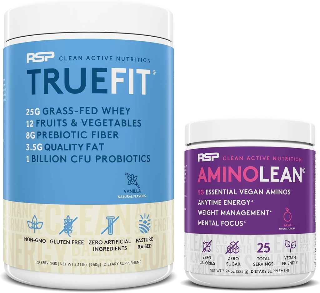 RSP NUTRITION Vegan AminoLean Pre Workout Energy (Acai 25 Servere) med TrueFit Protein Powder (Vanilla 2 LB)