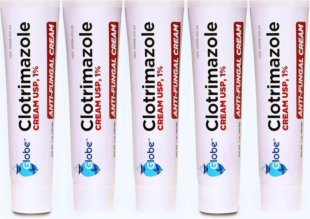 (5 pakning) Globe clotrimazol Antifungal Cream 1% (1 oz) lindrer kløe, brændende, krakning og skalering i forbindelse med svampeinfektioner