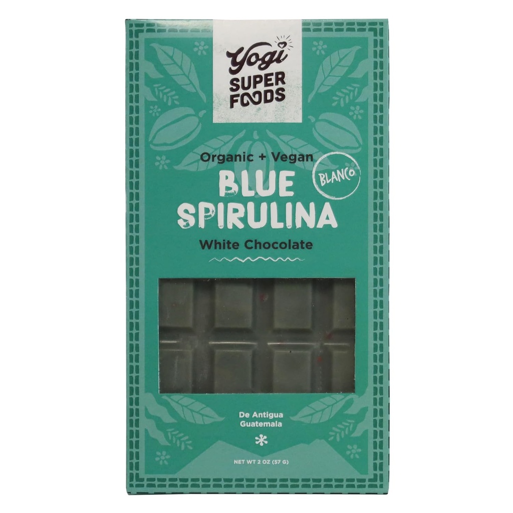 Yogi Super Foods Vegansk Hvid Chokolade Blå Spirulina Bar, Sund & Økologisk for Energy Boost lavet af Raw Cacao Butter, Gluten Free Oats, Sødet med Panela Sugar, Macadamia Nuts - 1 Bar