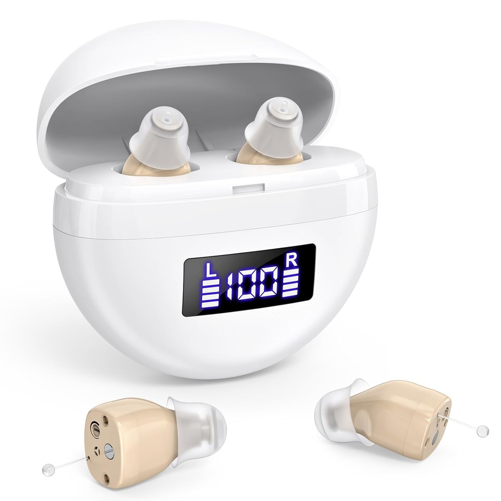 Genopladelige høreapparater til seniorer og voksne, høreforstærkere med støjdæmpning, Lydforstærkere Volume Control, I Ear Digital høreapparat til høretab (Brown)