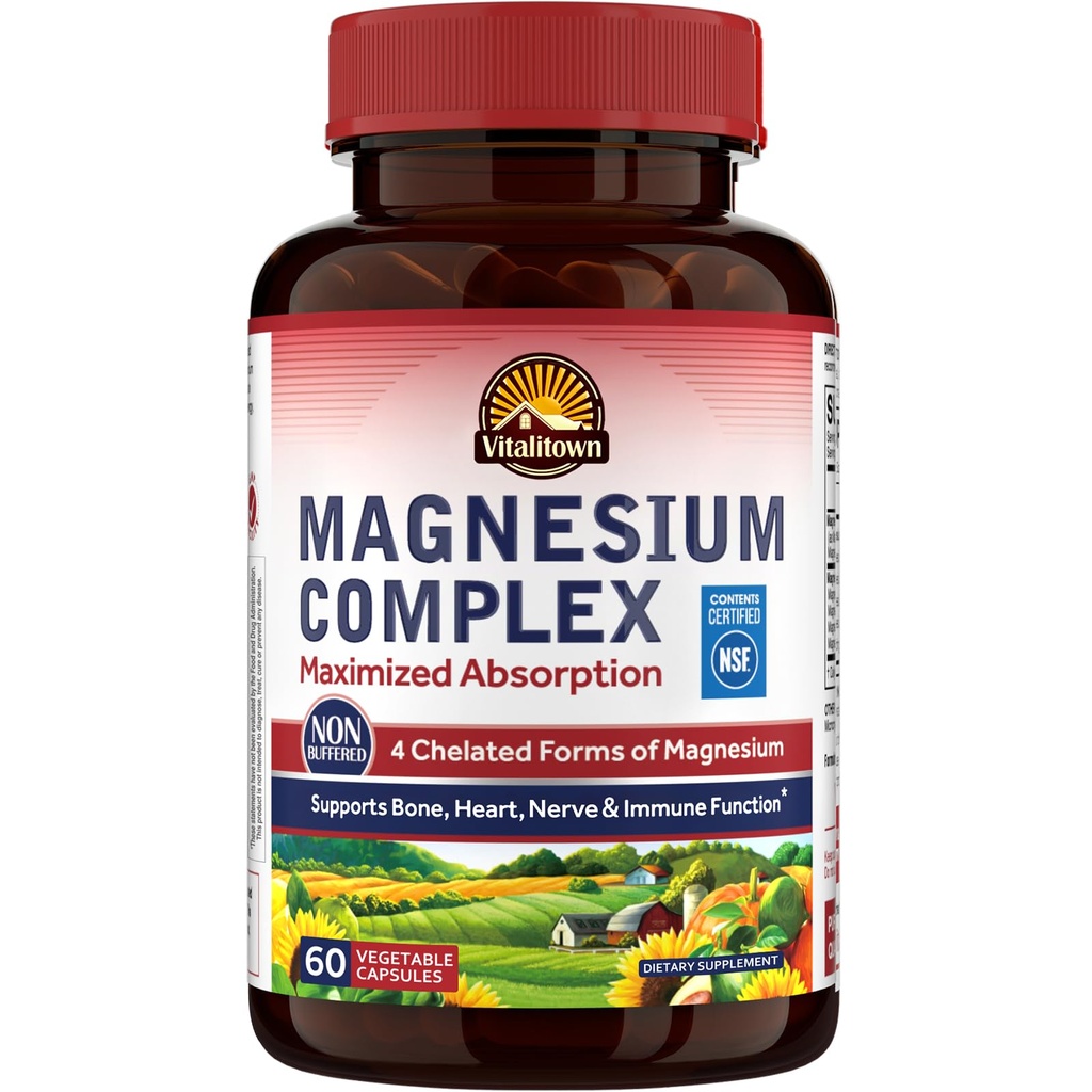 Vitalitown Magnesium Complex Supplement 500mg - Maximized Absorption NSF Certified Chelated Magnesium Glycinate, Malat, Taurat & Citrat - Vegan Non- GMO til søvn, energi & hjerte 60 Caps