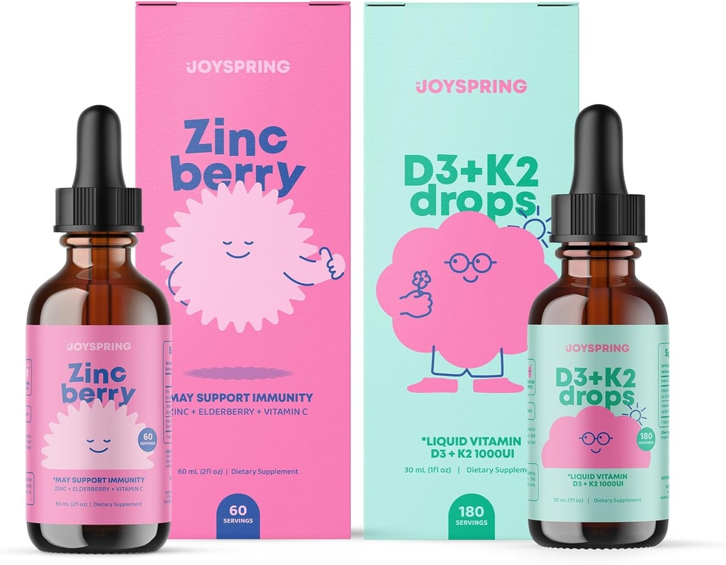 JoySpring Liquid Vitamin D3 med K2 - immunforsvar og Zinktilskud til børn - Elderberry & Zinkvæske