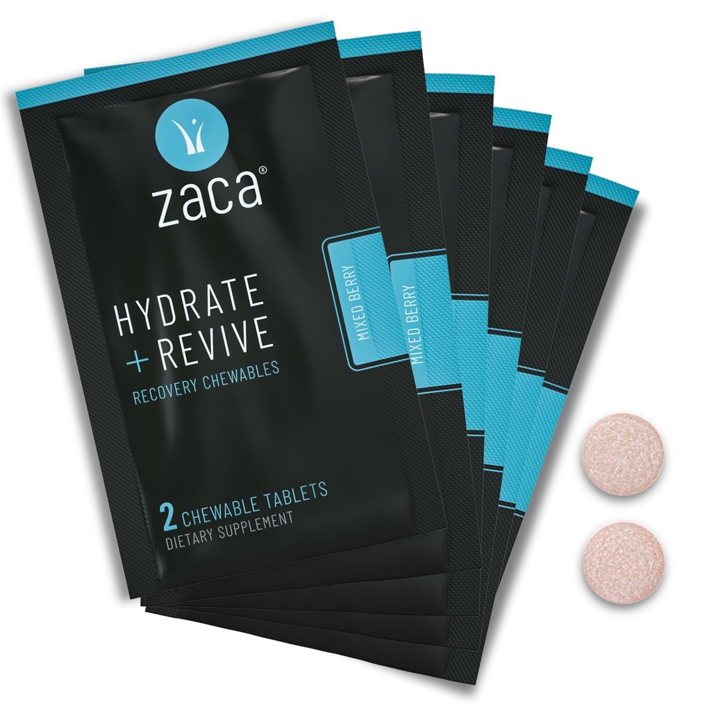 Zaca Recovery Chewable Supplement Note 124; Hydrate + Revive Buddy 124; Party, Travel, Motion & Højde Buddy 124; Sugar Free & Gluten Free Buddy 124; Mixed Berry, 6 Packets = 12 tabletter