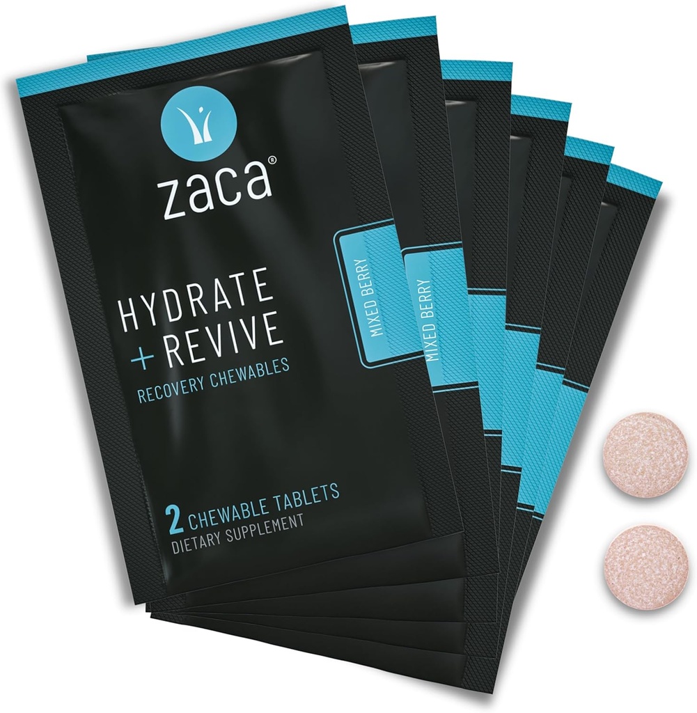 Zaca Recovery Chewable Supplement Note 124; Hydrate + Revive Buddy 124; Party, Travel, Motion & Højde Buddy 124; Sugar Free & Gluten Free Buddy 124; Mixed Berry, 6 Packets = 12 tabletter
