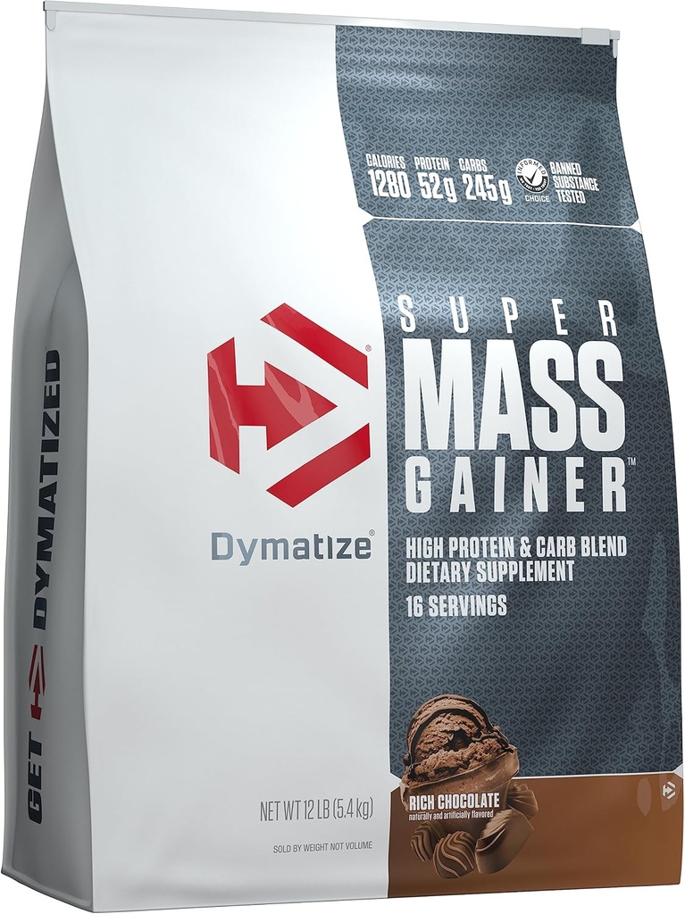 Dymatisere Super Mass Gainer Protein Powder, Rich Chocolate, 52g Protein, 1g Creatin, 1280 Kalorier, 10.7g BCAA, 245g Carbs, Indeholder Whey Protein Powder, Isolate, og Casein (16 Servere)