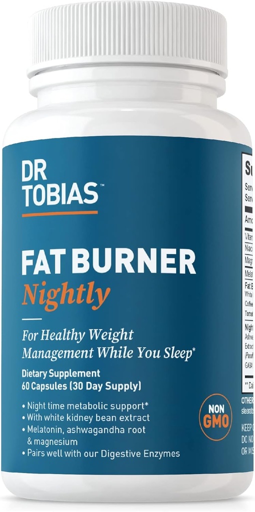 Dr. Tobias Fat Burner Nightly, Night Time Metabolic Support with White Nytney Bean Extract, Ashwagandha Root, Green Coffee Bean Extract & Melatonin, Non- GMO, 60 kapsler (30 dages forsyning)