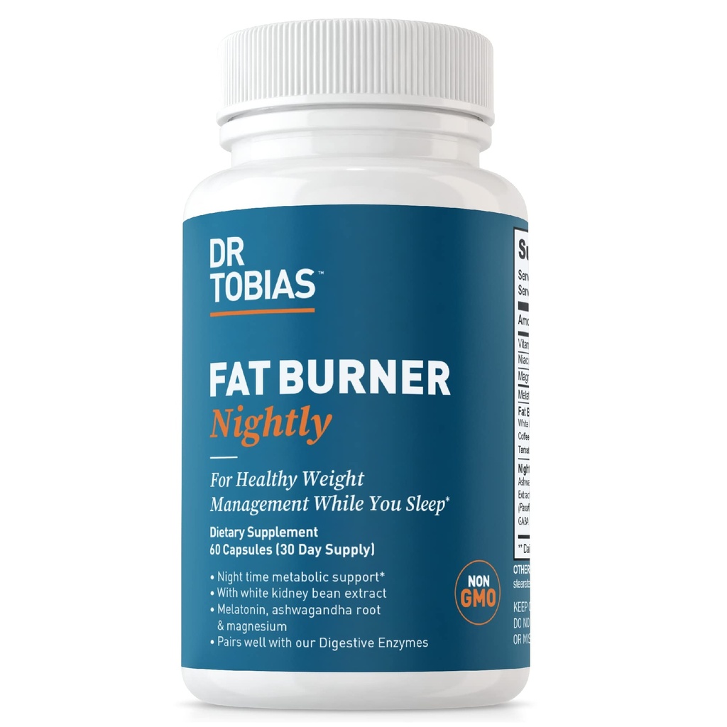 Dr. Tobias Fat Burner Nightly, Night Time Metabolic Support with White Nytney Bean Extract, Ashwagandha Root, Green Coffee Bean Extract & Melatonin, Non- GMO, 60 kapsler (30 dages forsyning)