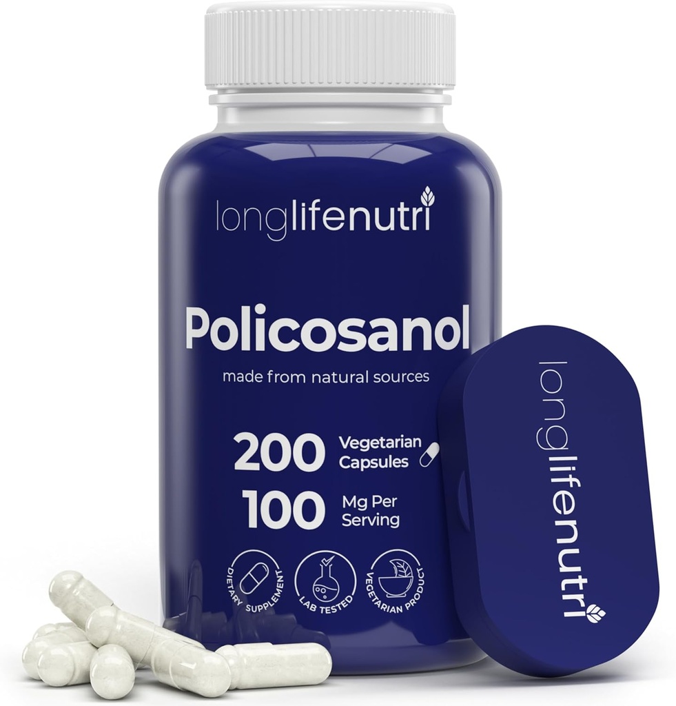 LongLifeNutri Policosanol 100mg - 200 Vegetariske Kapsler, Natural Sugar Cane Supplement for Balanced Cholesterol, 3- Month Supply, Non- GMO, Lab Testet, Made in USA