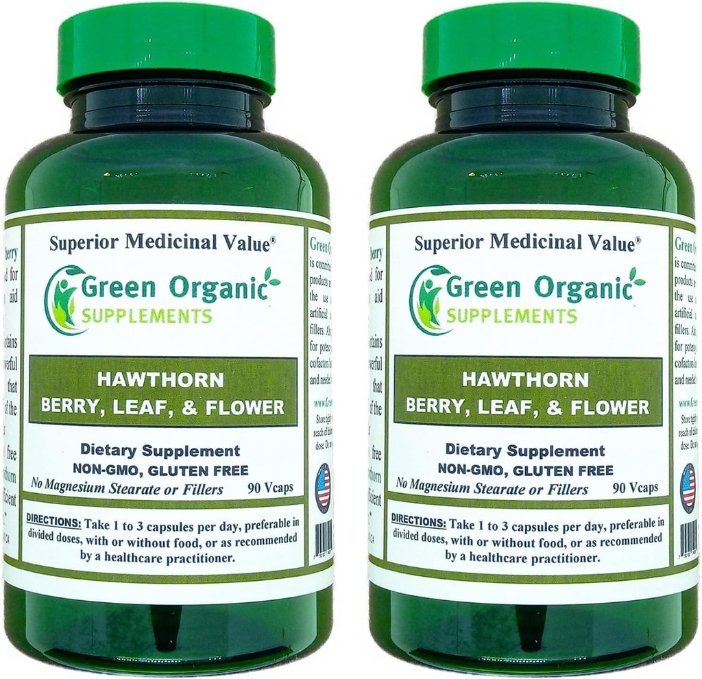 Grøn Økologisk Kosttilskud Hawthorn Berry Kapsler, Leaf, Flower, Hawthorn Kosttilskud Indeholder 90 Kapsler, Natural Hawthorn Urter til Kardiovaskulær Sundhed & Natural Heart Care (Pack of 2)