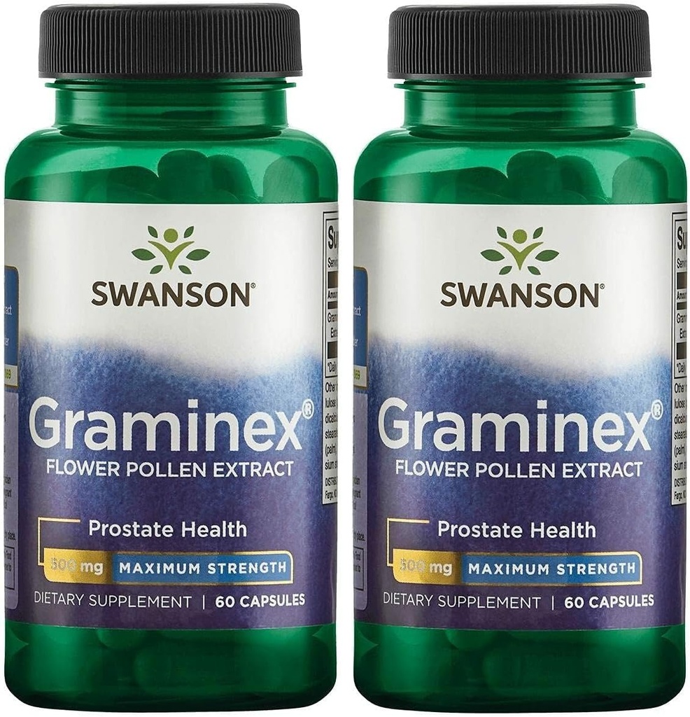 Swanson Maksimum Strength Graminex Flower Pollen Extract - Understøtter Prostate Sundhed, Urinære Tract funktion, og Nyre Sundhed - Herre Health Supplement - (60 kapsler, 500mg Hver) (2 Pack)