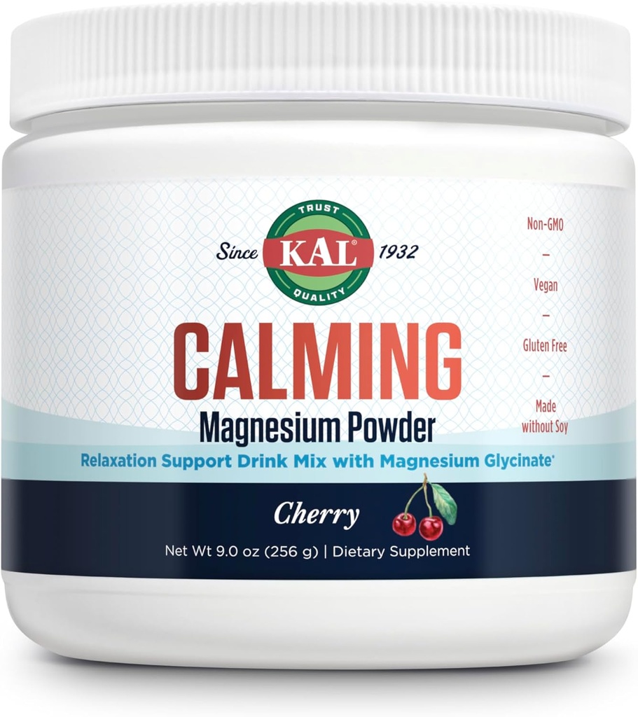 KAL Calming Magnesium Powder - Cherry Flavor Magnesium Supplement - Høj Absorption, Afslapning Support, Ingen tilsat sukker, Vegan, Gluten Free, Made without Soy - 40 Servere, 9 oz