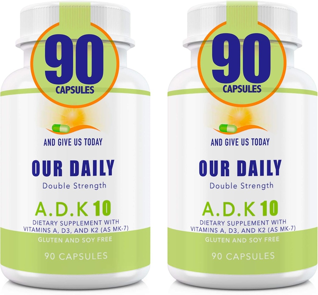 Vores Daily Vites ADK 10 Double Strength (10.000 iu) Vitamin A1, D3 & K2 (som MK7) - Læge Formuleret Bone & immunsystem support - Gluten Free, Non GMO - 180 Vegetariske kapsler