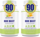 Vores Daily Vites ADK 10 Double Strength (10.000 iu) Vitamin A1, D3 & K2 (som MK7) - Læge Formuleret Bone & immunsystem support - Gluten Free, Non GMO - 180 Vegetariske kapsler