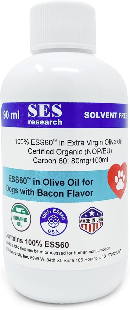 SES forskning C60 for hunde i Økologisk Ekstra Jomfru Olivenolie - Kæledyr Bacon Flaved Antioxidant Supplement - Solvens gratis - Immunitet Booster - øger energi & mad - Focus - 90ML