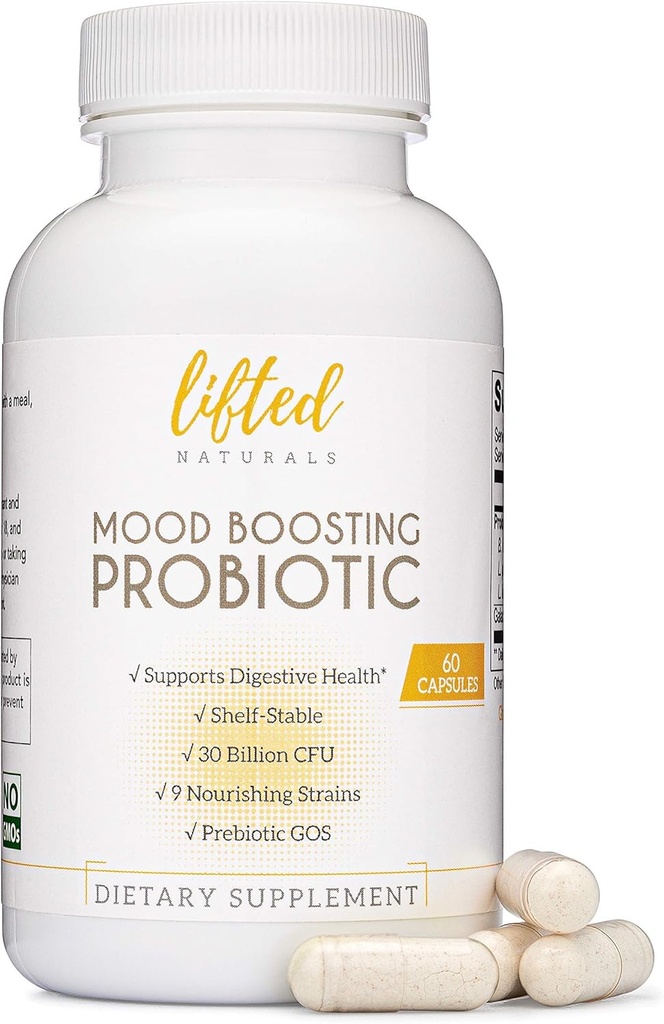 Løftede Naturals Mood Boosting Probiotisk 30 Millioner CFU - Mood Support, Prebiotika og Probiotika til kvinder & mænd, Acidophilus Lactobacillus Probiotic, Hylde Stabil & Non- GMO, 60 Kapsler