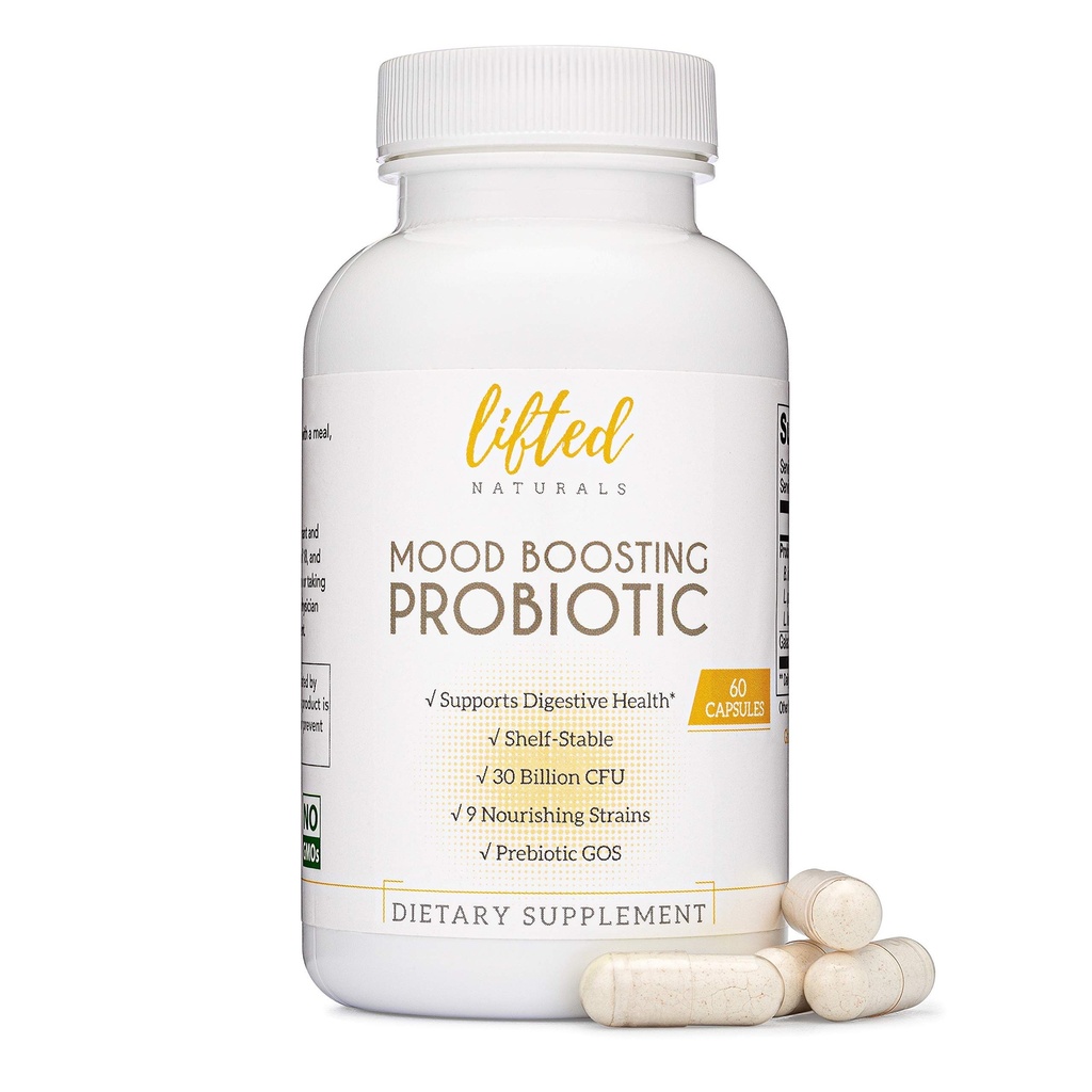 Løftede Naturals Mood Boosting Probiotisk 30 Millioner CFU - Mood Support, Prebiotika og Probiotika til kvinder & mænd, Acidophilus Lactobacillus Probiotic, Hylde Stabil & Non- GMO, 60 Kapsler