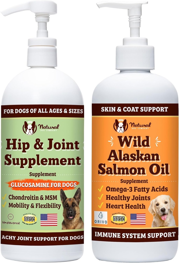 Natural Dog Company 32 oz. Bundle med Wild Alaska Salmon Oil og flydende glucosamin til hunde, Fish Oil supplement, Joint og Hip Support