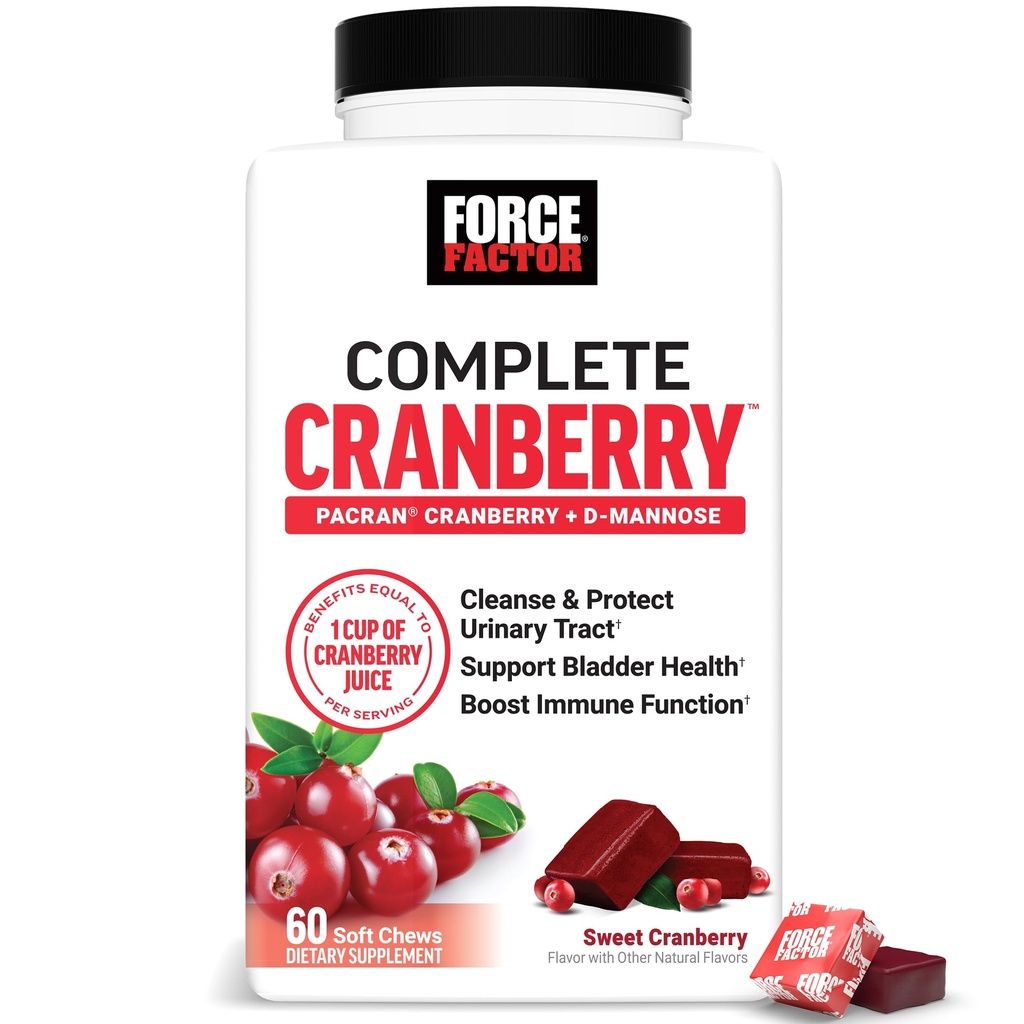 FORCE FACTOR Cranberry Soft Chews, Cranberry supplement med D Mannose og Cranberry Extract til støtte Bstige og Urinary Tract Sundhed for kvinder, Vegan, Sweet Cranberry Flavor, 60 Soft Chews