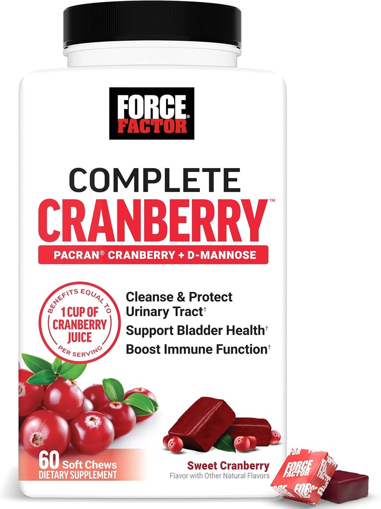 FORCE FACTOR Cranberry Soft Chews, Cranberry supplement med D Mannose og Cranberry Extract til støtte Bstige og Urinary Tract Sundhed for kvinder, Vegan, Sweet Cranberry Flavor, 60 Soft Chews