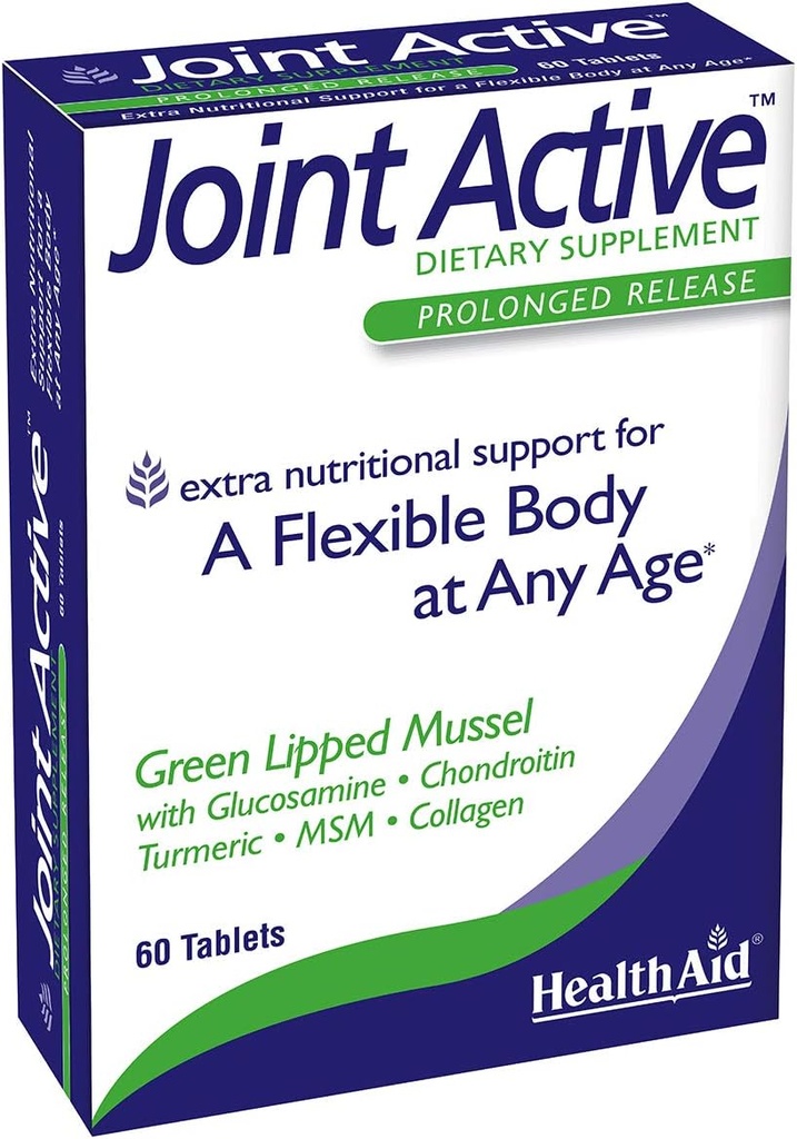 Healthaid Jointaktiv, 60 Ct, Prolongued Release, A Flexible Body at Anyway Age, Green Lipped Mussel, med Glucosamin, Chondroitin Tumeric, MSM, Collagen.