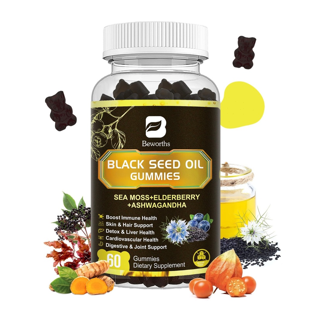 Black Seed Oil & Sea Moss Gummies against 124; Irish Sea Moss Gummy med Ashwagandha, Black Seed Oil, Elderberry, gurkemeje, D3-vitamin, C, zink - Support Immunitet, Joints, fordøjelse, hårvækst - 60