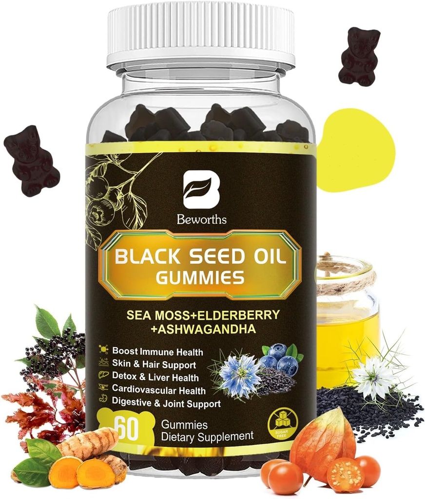 Black Seed Oil & Sea Moss Gummies against 124; Irish Sea Moss Gummy med Ashwagandha, Black Seed Oil, Elderberry, gurkemeje, D3-vitamin, C, zink - Support Immunitet, Joints, fordøjelse, hårvækst - 60