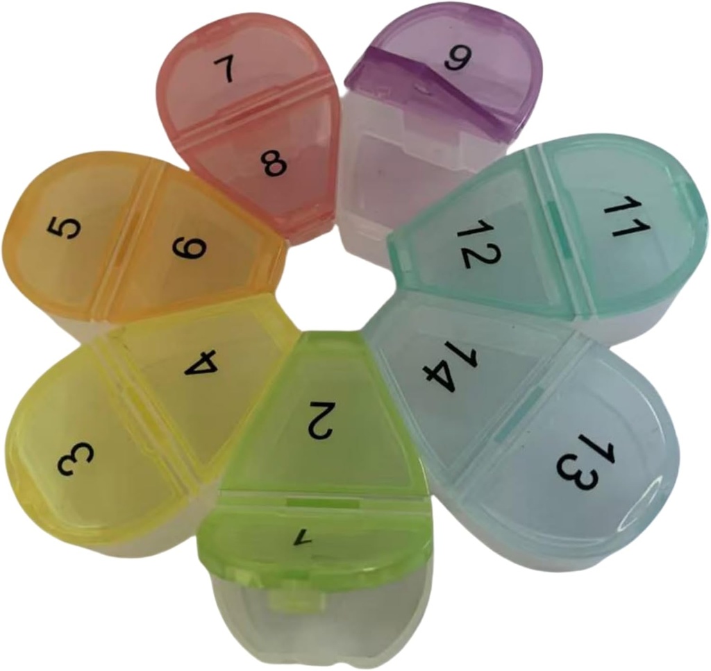 14 Dag / 2 Uge Pill Organizer - Flower Shaped Weekly Pill Box med 14 Compartments (1-14 Numbered) Medication 124; 7 Color- Coded Petals for Medication Storage 124; Portable Travel Pill Case til hjemmet og udendørs brug