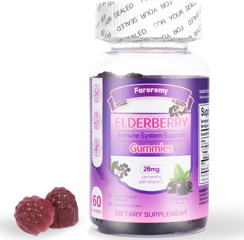 Elderberry Gummies Sambucus med C-vitamin immunsupport til kvinder og mænd, Elderberry Flavor Gummy, 30 dages forsyning - 60 Greve