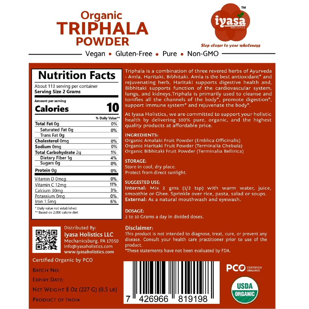 Iyasa Holtics Organic Triphala Powder, Ayurveda Superfood, Natural Body Detox, Bowel Cleanser, Herbal Laxative, 8 Ounce 226 Gram