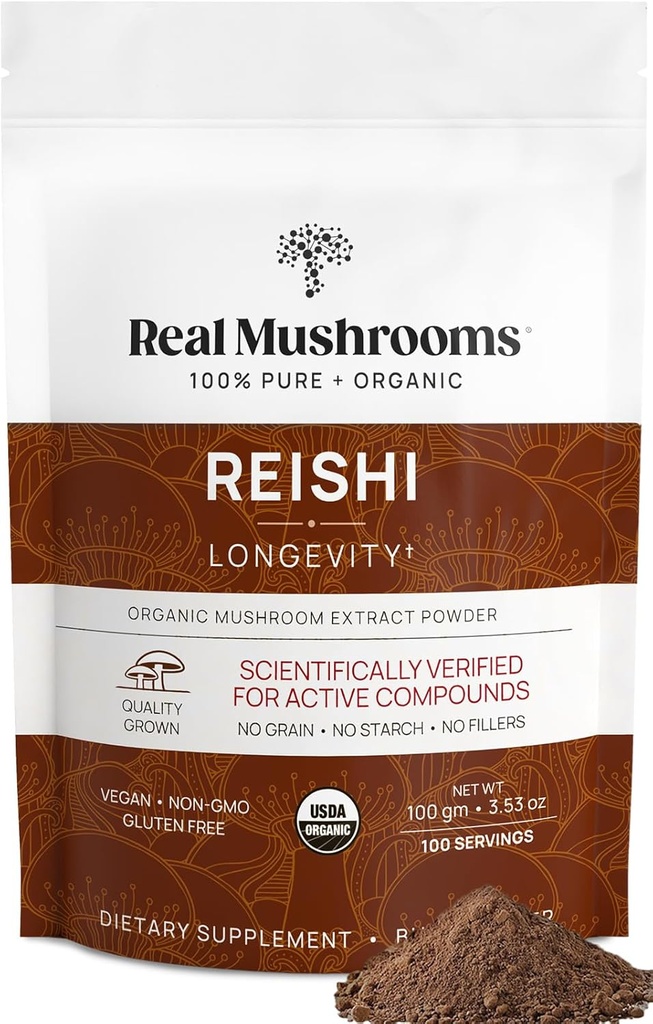 Real Mushrooms Reishi Mushroom Powder - Håndplukket Organic Mushroom Ekstrakter - Rød Reishi for Tranquil Daglig Wellness med Verified Beta Glucans Vegan, Non- GMO, No Grain Fillers, 100 Servere