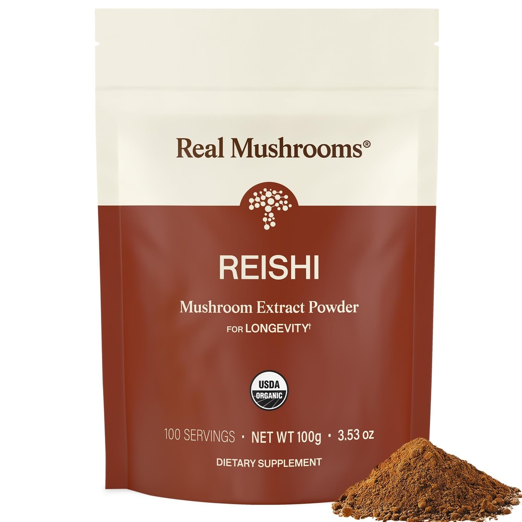 Real Mushrooms Reishi Mushroom Powder - Håndplukket Organic Mushroom Ekstrakter - Rød Reishi for Tranquil Daglig Wellness med Verified Beta Glucans Vegan, Non- GMO, No Grain Fillers, 100 Servere