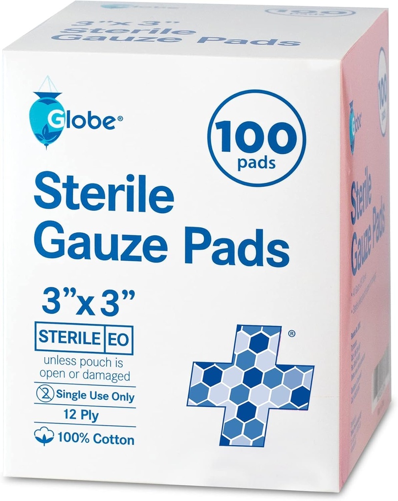 Globe 3 "x 3" Advanced Steril Gauze Pads, 100- Pack Individuelt Pakket - 12-Ply Cotton til Såret Care Dressing, Meget Absorbent Bandages til Hjem & Nødhjælp - Rejser & Førstehjælp Kit Væsentlig