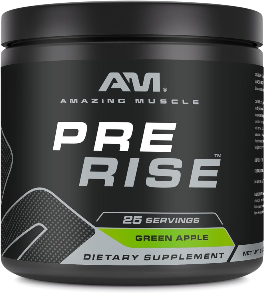 Amazing Muscle Pre Rise Budd124; Pre- workout Powder supplement med Koffein & Beta- alanine til mænd & kvinder Budd124; 25 Servering (25 Servere, Grønne Apple)