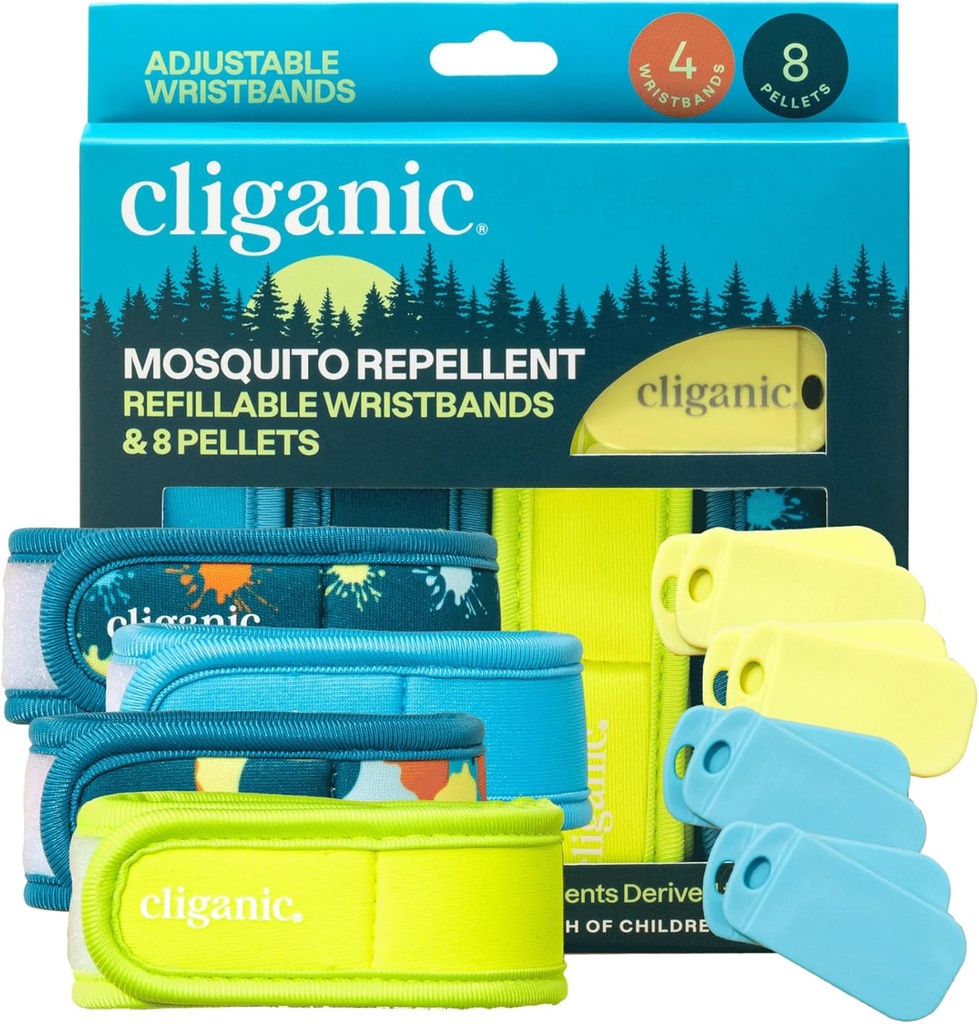 Cliganic Mosquito Repellent Pack (4 armbånd + 8 fyldte peller) - justerbar, Natural DEET- Free, Essential Oil Infured