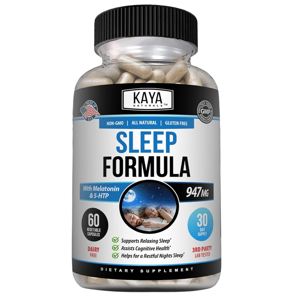 Kaya Naturals - Sleep Support Formel med Melatonin - Støtte Support Vitamin Supplement - Sove Stress og Mood Support - L- Tryptophan, Passion Flower, Ashwagandha og mere - 60 kapsler (60 Greve)