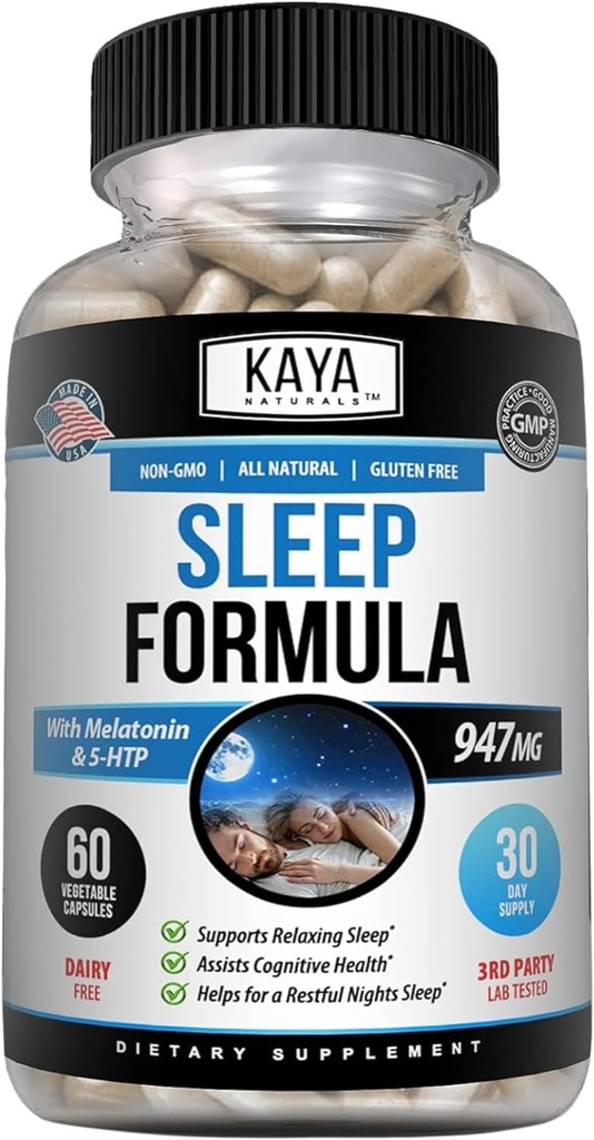 Kaya Naturals - Sleep Support Formel med Melatonin - Støtte Support Vitamin Supplement - Sove Stress og Mood Support - L- Tryptophan, Passion Flower, Ashwagandha og mere - 60 kapsler (60 Greve)