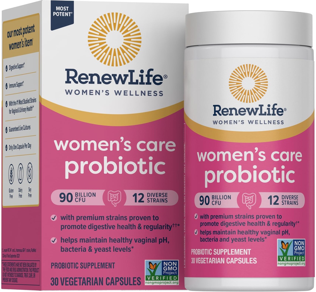 Renew Life Women 's Probiotic Capsules, Understøtter pH balance for kvinder, Vaginal, urinveje, fordøjelsessygdomme og immunforsvar, L. Rhamnosus GG, Dairy, Soy og Gluten- Free, 90 milliarder CFU - 30 Ct