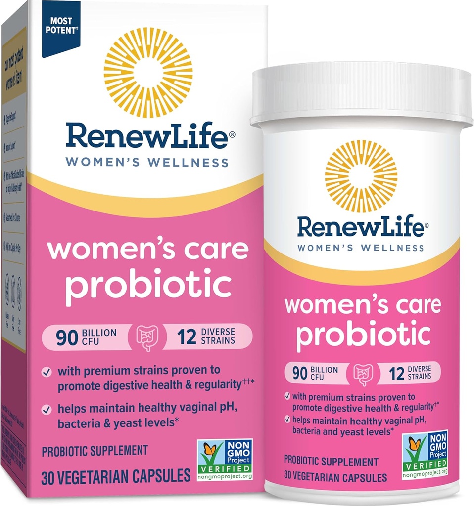Renew Life Women 's Probiotic Capsules, Understøtter pH balance for kvinder, Vaginal, urinveje, fordøjelsessygdomme og immunforsvar, L. Rhamnosus GG, Dairy, Soy og Gluten- Free, 90 milliarder CFU - 30 Ct