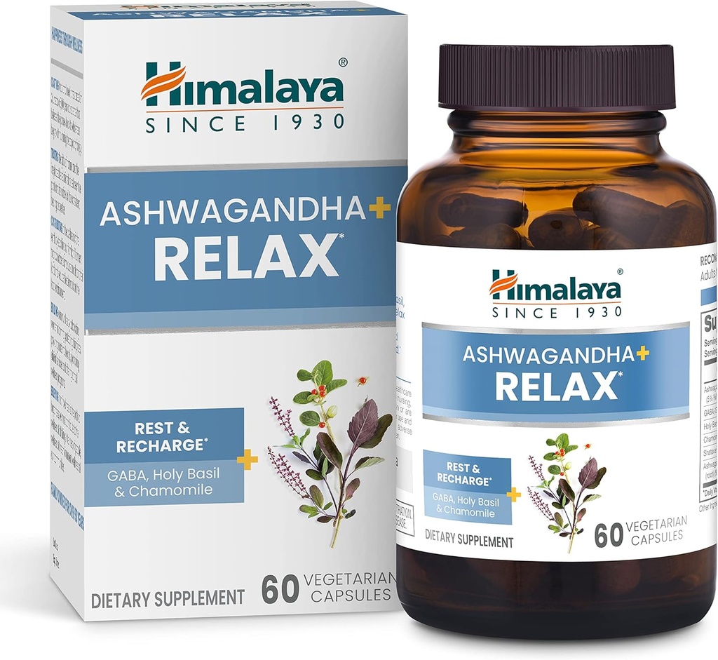 Himalaya Ashwagandha + Slap af, med GABA, Holy Basil & Kamille for Reset, Afslapning & Stress Relief, Vegan, Gluten Free, 540 mg, 60 Vegetariske Kapsler, 1 Måned Supply