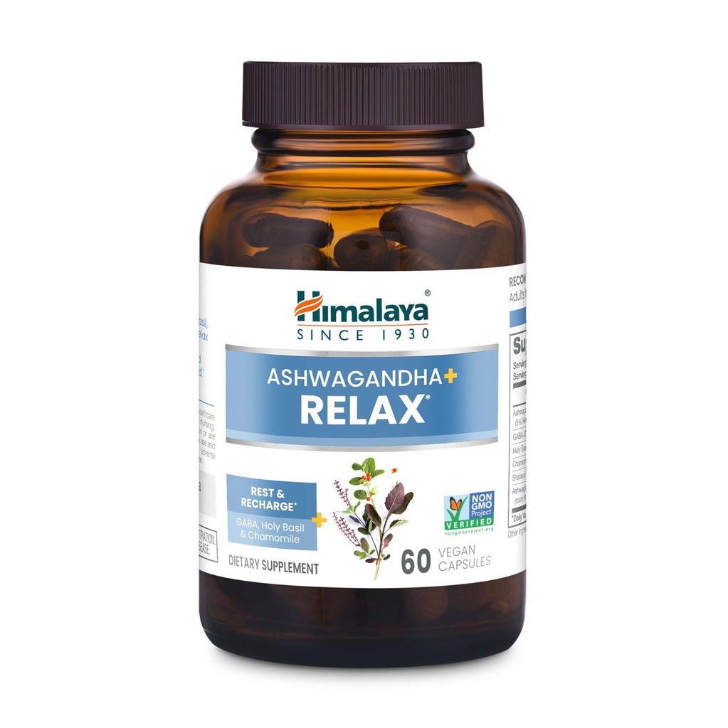 Himalaya Ashwagandha + Slap af, med GABA, Holy Basil & Kamille for Reset, Afslapning & Stress Relief, Vegan, Gluten Free, 540 mg, 60 Vegetariske Kapsler, 1 Måned Supply