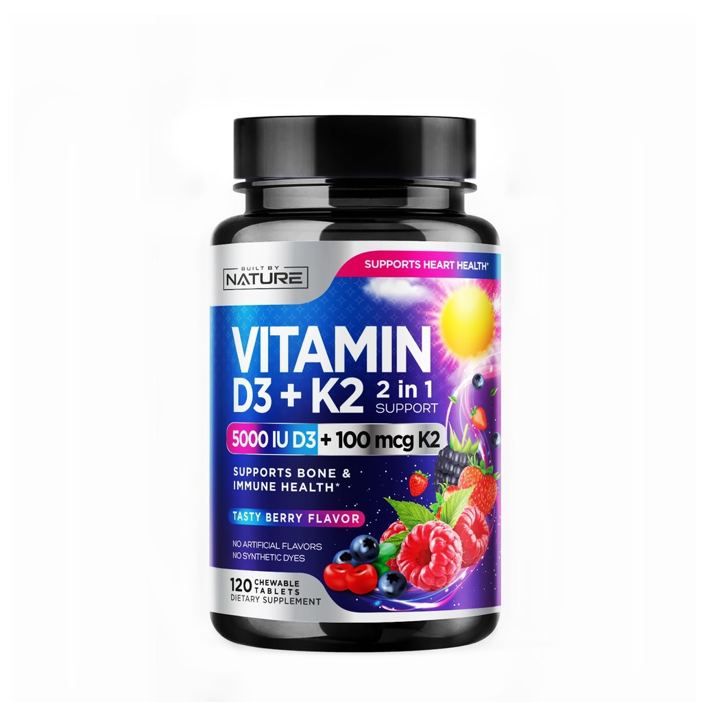 Vitamin D3 K2 - Chewable D 5000 IE & K2 MK- 7 100 mcg - 2 i 1 vitamin D K2 supplement tykkere - immun, hjerte, og benstøtte - Ikke GMO - Tasty Berry Flavor - 120 tyggetabletter