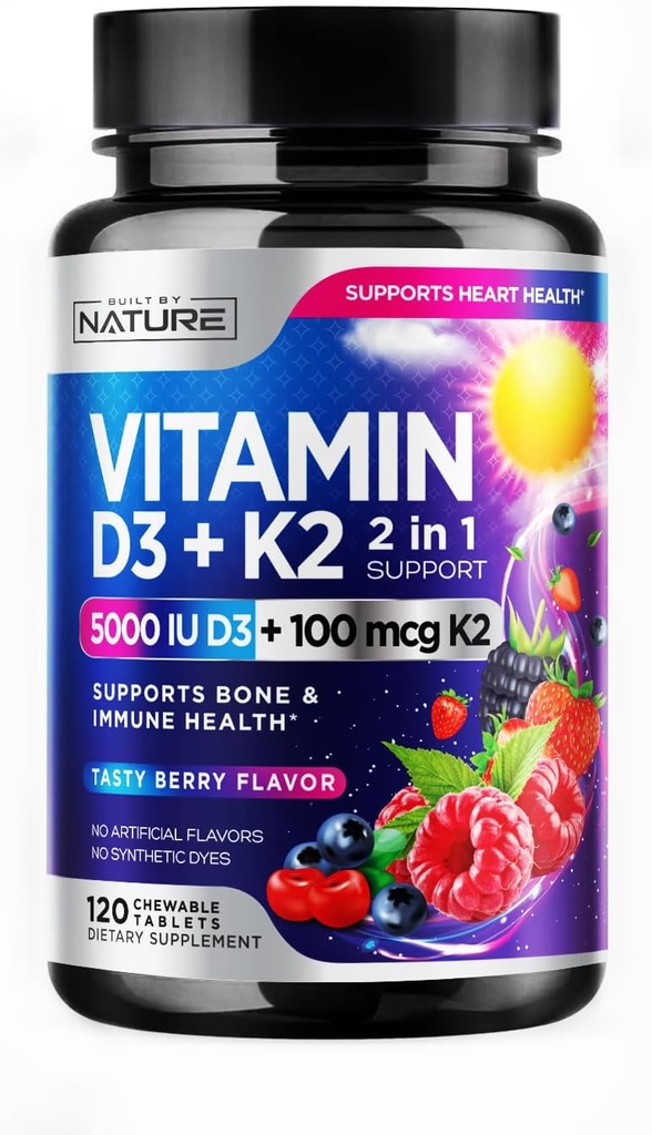 Vitamin D3 K2 - Chewable D 5000 IE & K2 MK- 7 100 mcg - 2 i 1 vitamin D K2 supplement tykkere - immun, hjerte, og benstøtte - Ikke GMO - Tasty Berry Flavor - 120 tyggetabletter