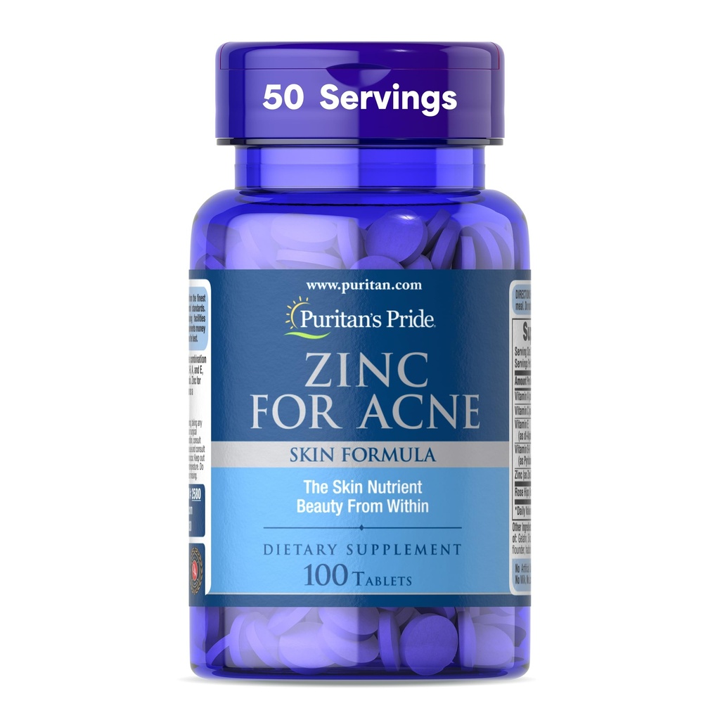 Puritan 's Pride Zink til Acne Skin Formel med vitaminer C, B-6, A, og E for mænd og kvinder, Kosttilskud til klar sund hud, immunsystem, Cell Division og vækst support, 100 tabletter