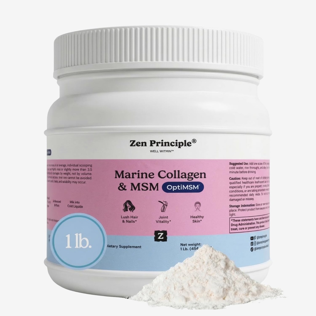 Zen Princip Marine Collagen Peptider Pulver med OptiMSM ® Supplement. Klinisk testet for hudstøtte. Wild-fanget fisk, ikke-GMO. Container 16 oz