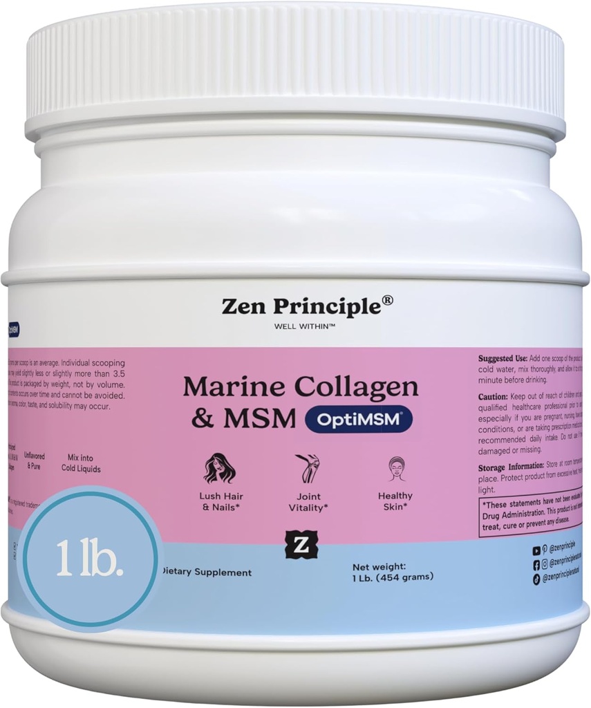Zen Princip Marine Collagen Peptider Pulver med OptiMSM ® Supplement. Klinisk testet for hudstøtte. Wild-fanget fisk, ikke-GMO. Container 16 oz
